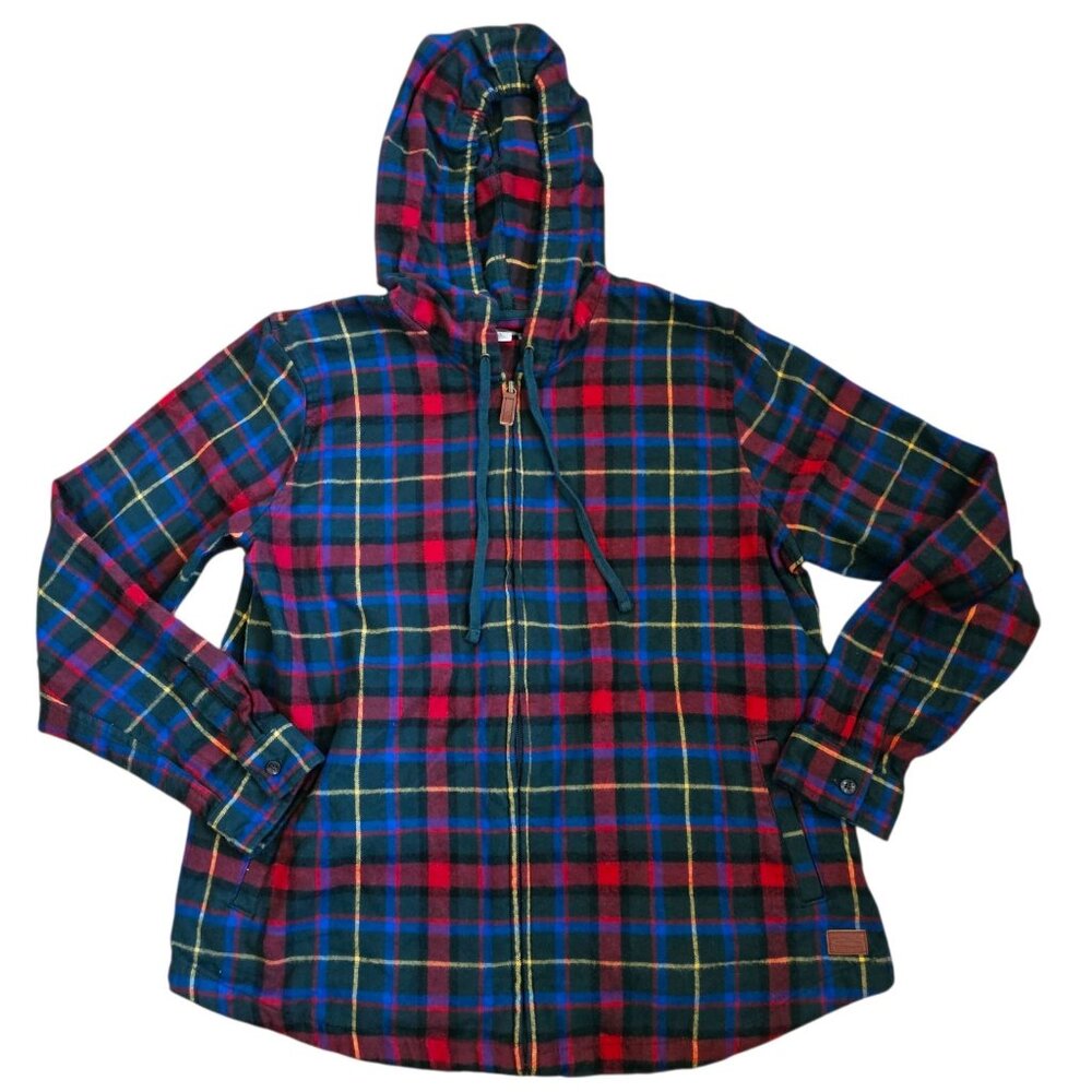 LL Bean Full zip‎ Jacket Mens Sz L Plaid Flannel Hooded Relaxed Fit Cotton